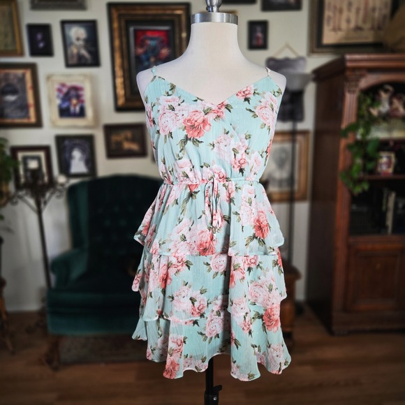 Trixxi Mint Floral Ruffle Tiered Mini Dress Spaghetti Straps - Picture 2 of 6